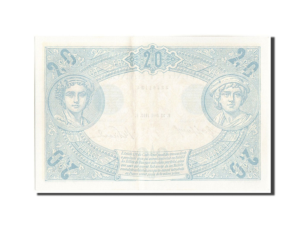 Billet, France, 20 Francs, 20 F 1905-1913 ''Bleu'', 1912, 1912-04-27, SPL+