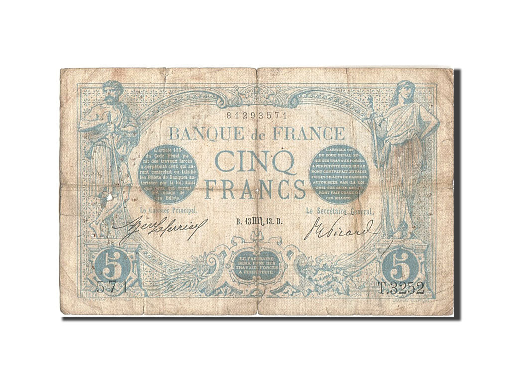 Geldschein, Frankreich, 5 Francs, 5 F 1912-1917 ''Bleu'', 1913, 1913-10-13, S