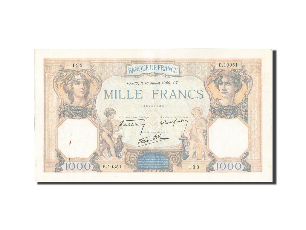 Banknote, France, 1000 Francs, 1 000 F 1927-1940 ''Cérès et Mercure'', 1940