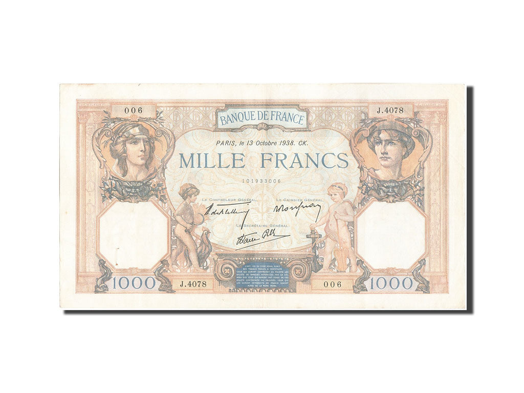 Banknote, France, 1000 Francs, 1 000 F 1927-1940 ''Cérès et Mercure'', 1938