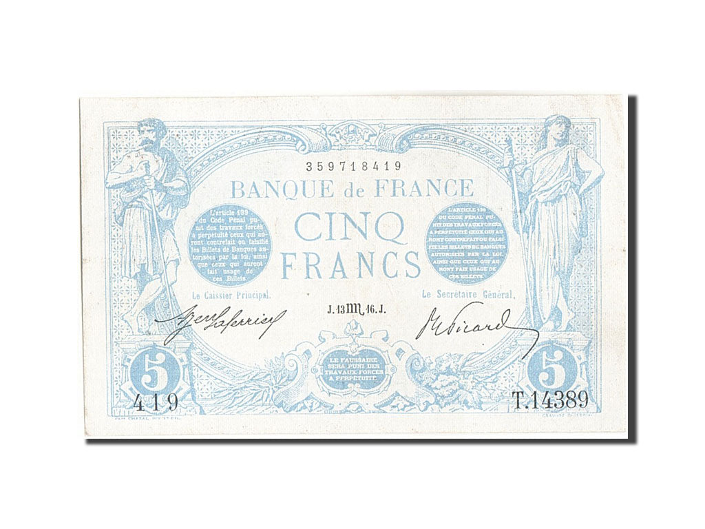 Geldschein, Frankreich, 5 Francs, 5 F 1912-1917 ''Bleu'', 1916, 1916-10-13, VZ