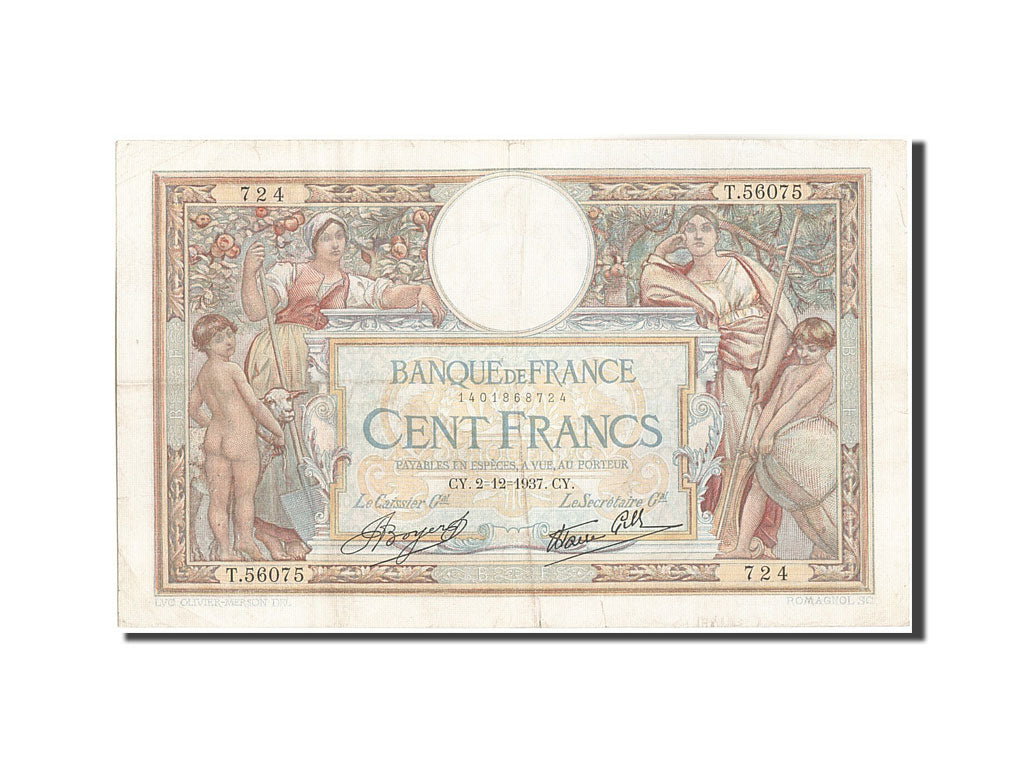 Banknote, France, 100 Francs, 100 F 1908-1939 ''Luc Olivier Merson'', 1937