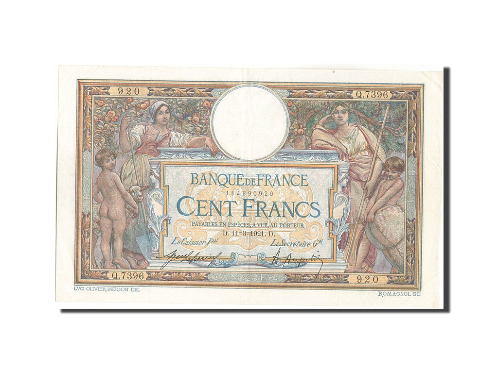 Banknote, France, 100 Francs, 100 F 1908-1939 ''Luc Olivier Merson'', 1921