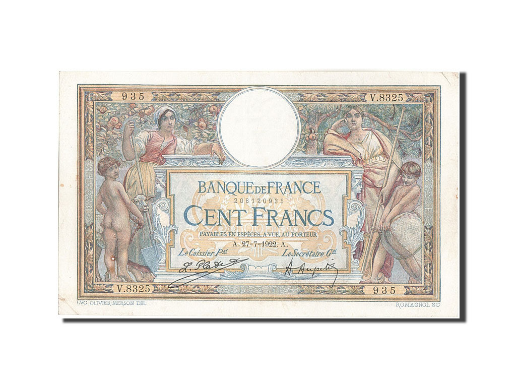 Banknote, France, 100 Francs, 100 F 1908-1939 ''Luc Olivier Merson'', 1922