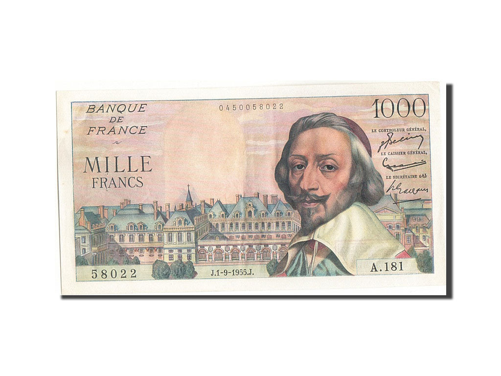 Banknote, France, 1000 Francs, 1 000 F 1953-1957 ''Richelieu'', 1955