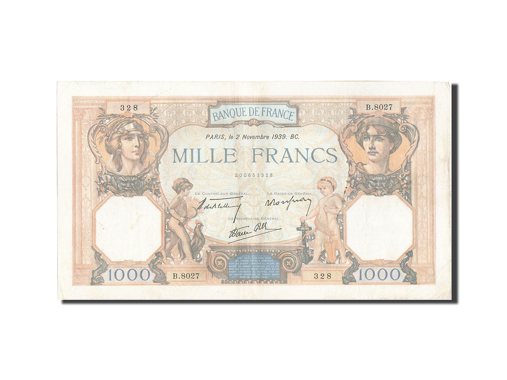 Geldschein, Frankreich, 1000 Francs, 1 000 F 1927-1940 ''Cérès et Mercure''