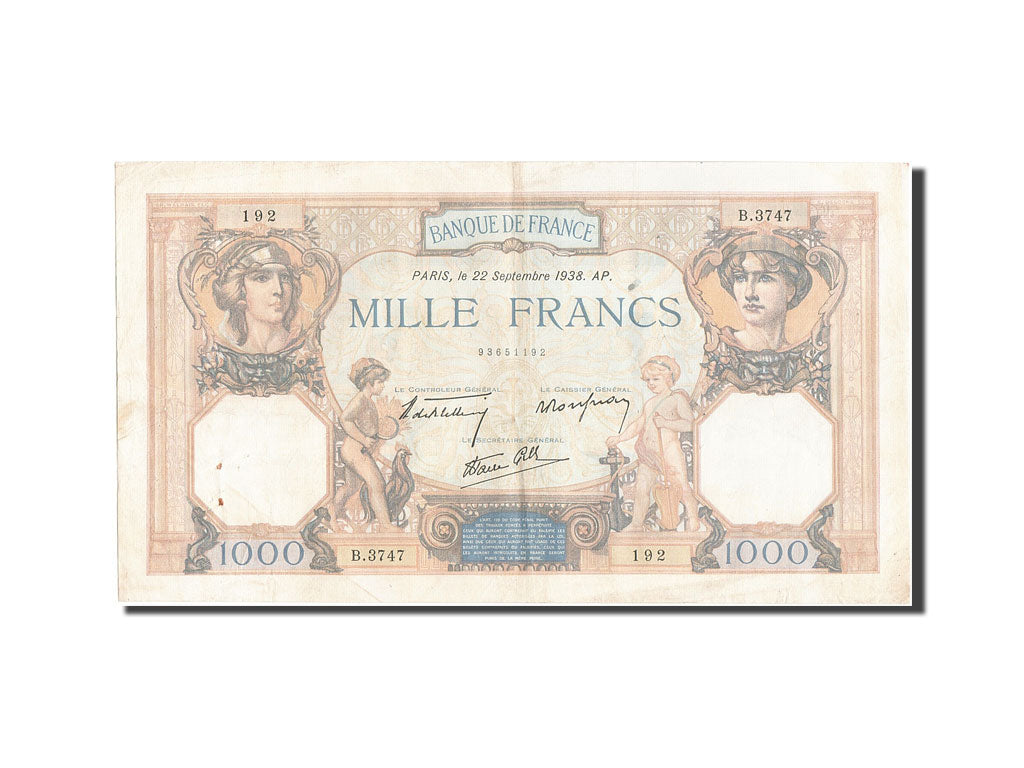 Geldschein, Frankreich, 1000 Francs, 1 000 F 1927-1940 ''Cérès et Mercure''