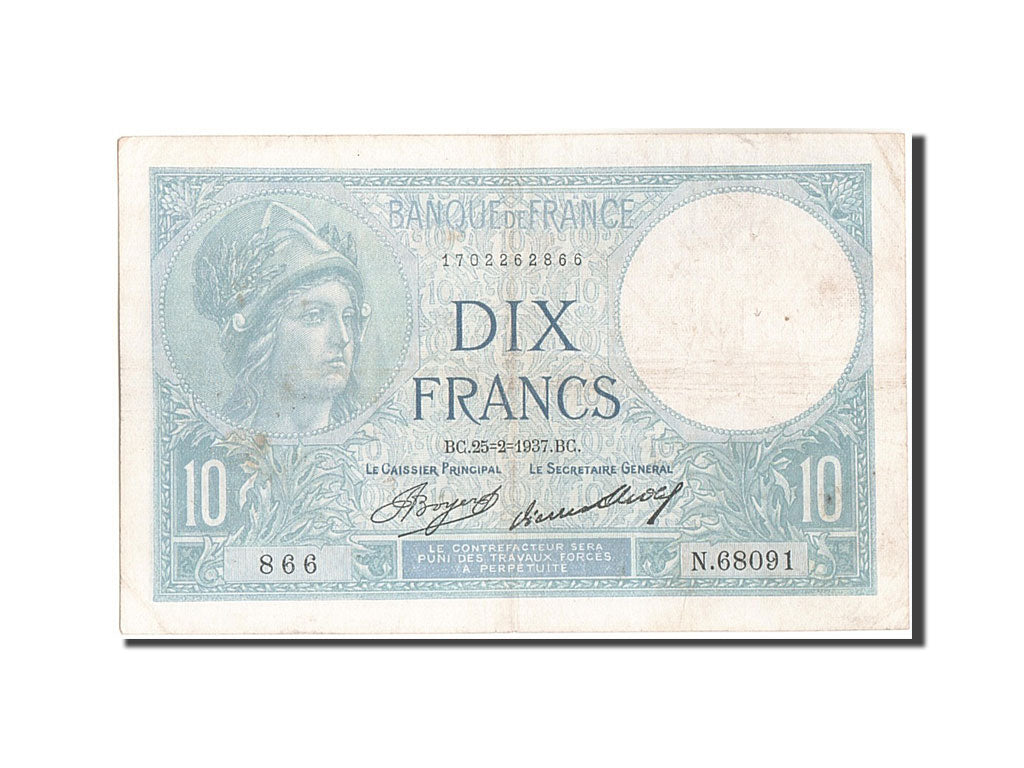 Banknot, Francja, 10 Francs, Minerve, 1937, 1937-02-25, EF(40-45), Fayette:6.18