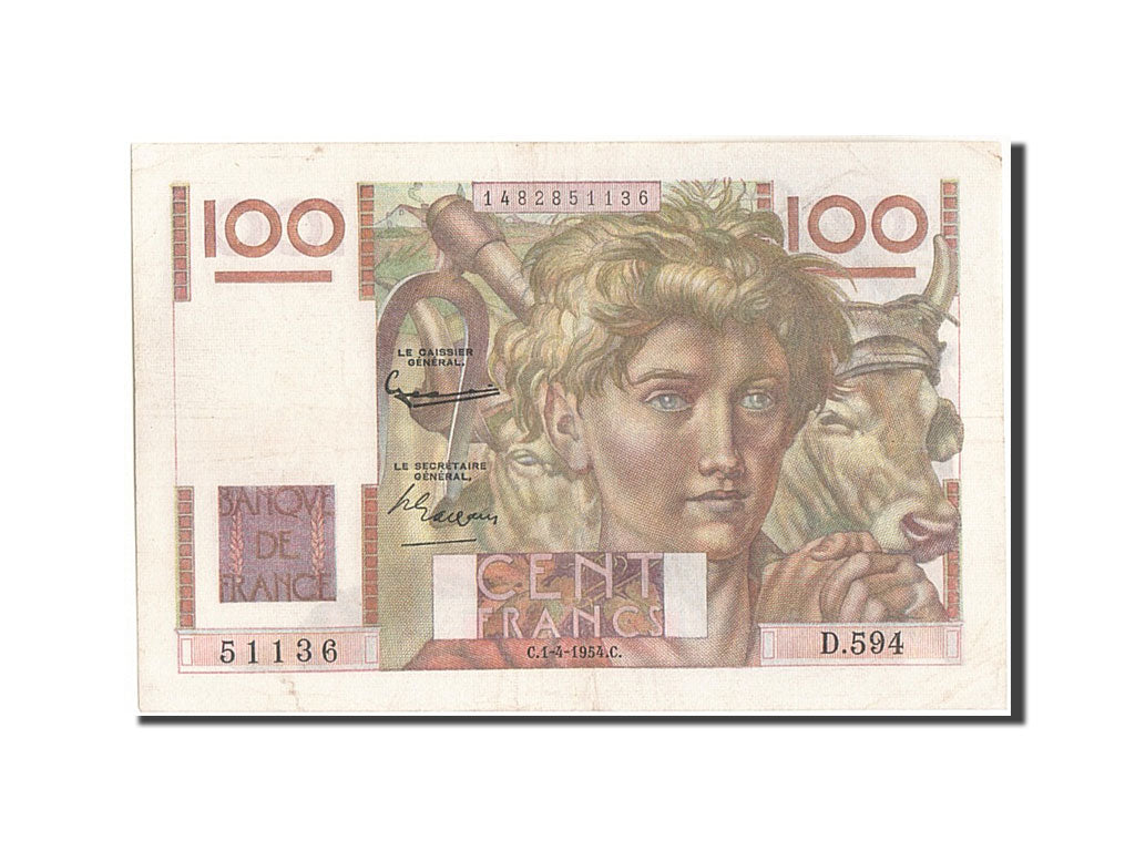 Banconote, Francia, 100 Francs, 100 F 1945-1954 ''Jeune Paysan'', 1954