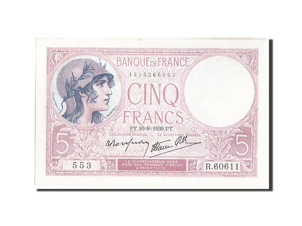 Geldschein, Frankreich, 5 Francs, 5 F 1917-1940 ''Violet'', 1939, 1939-08-10
