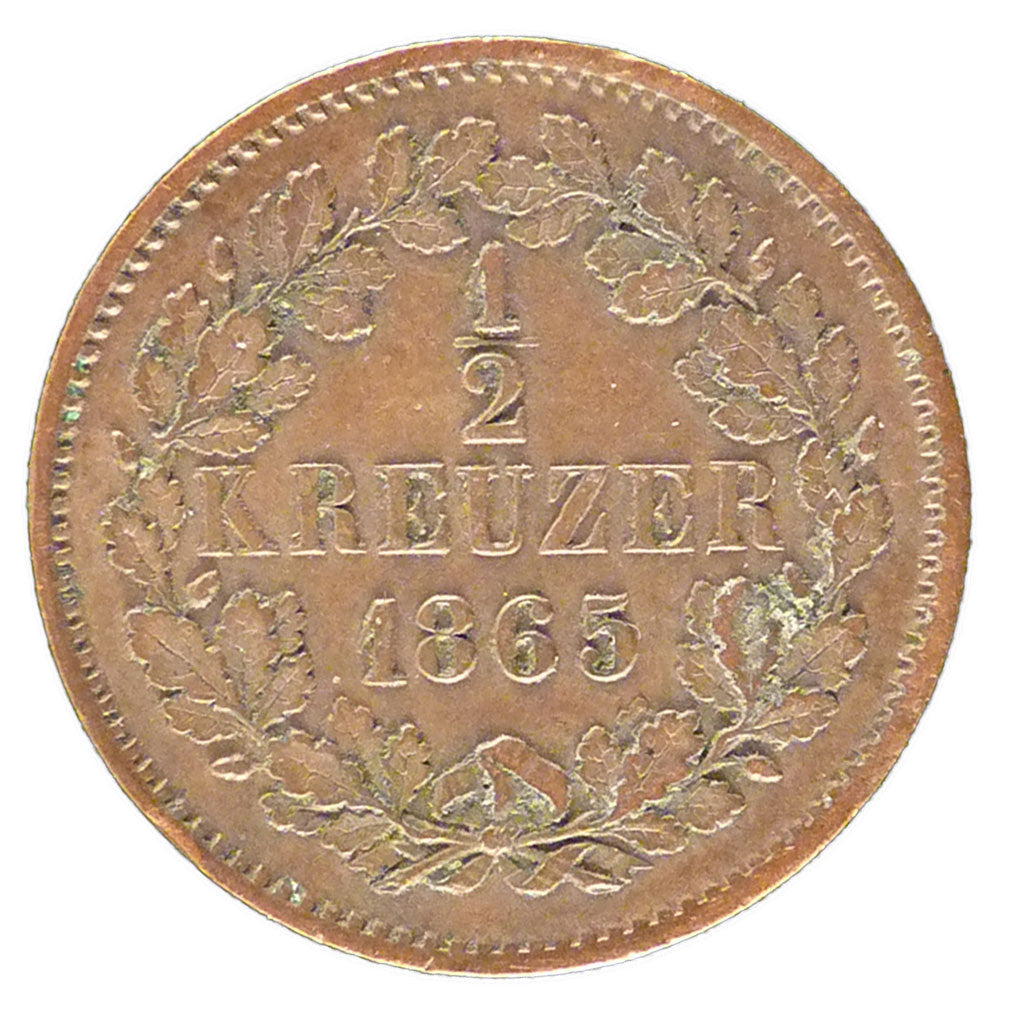 Coin, German States, BADEN, Friedrich I, 1/2 Kreuzer, 1865, AU(55-58), Copper