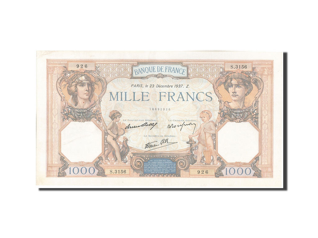 Geldschein, Frankreich, 1000 Francs, 1 000 F 1927-1940 ''Cérès et Mercure''
