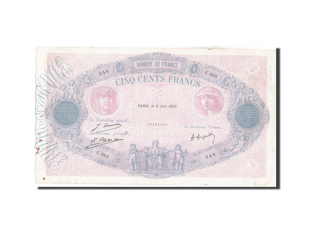Banconote, Francia, 500 Francs, 500 F 1888-1940 ''Bleu et Rose'', 1922