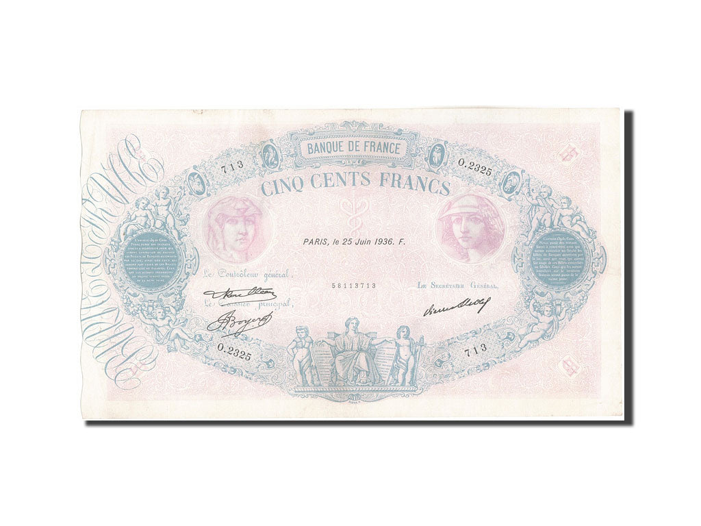 Billete, Francia, 500 Francs, 500 F 1888-1940 ''Bleu et Rose'', 1936