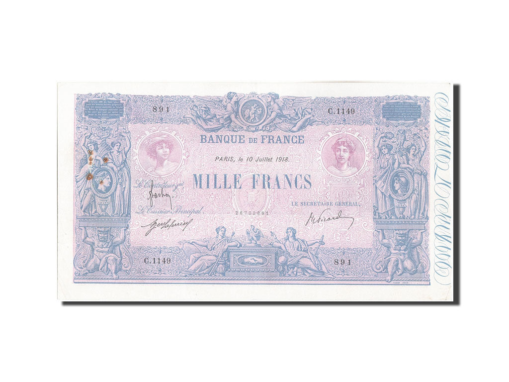Banknote, France, 1000 Francs, 1 000 F 1889-1926 ''Bleu et Rose'', 1918