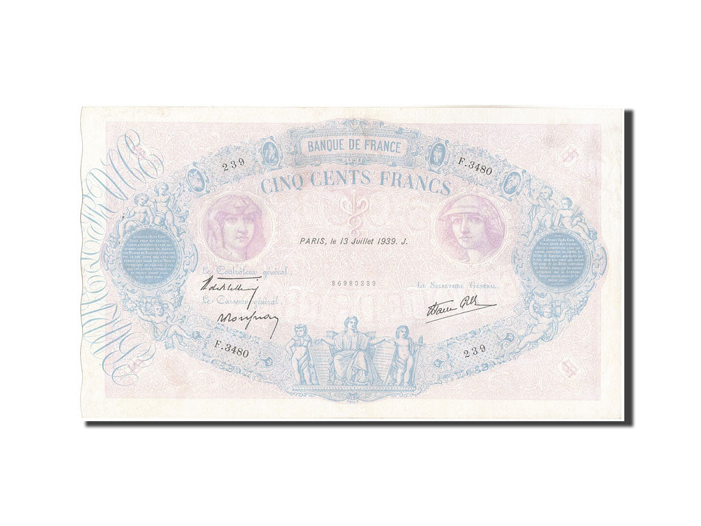 Billete, Francia, 500 Francs, 500 F 1888-1940 ''Bleu et Rose'', 1939
