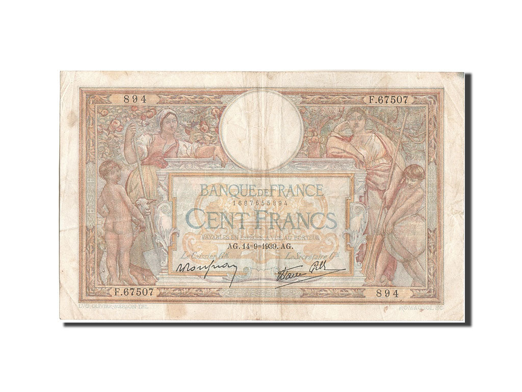 Banknote, France, 100 Francs, 100 F 1908-1939 ''Luc Olivier Merson'', 1939
