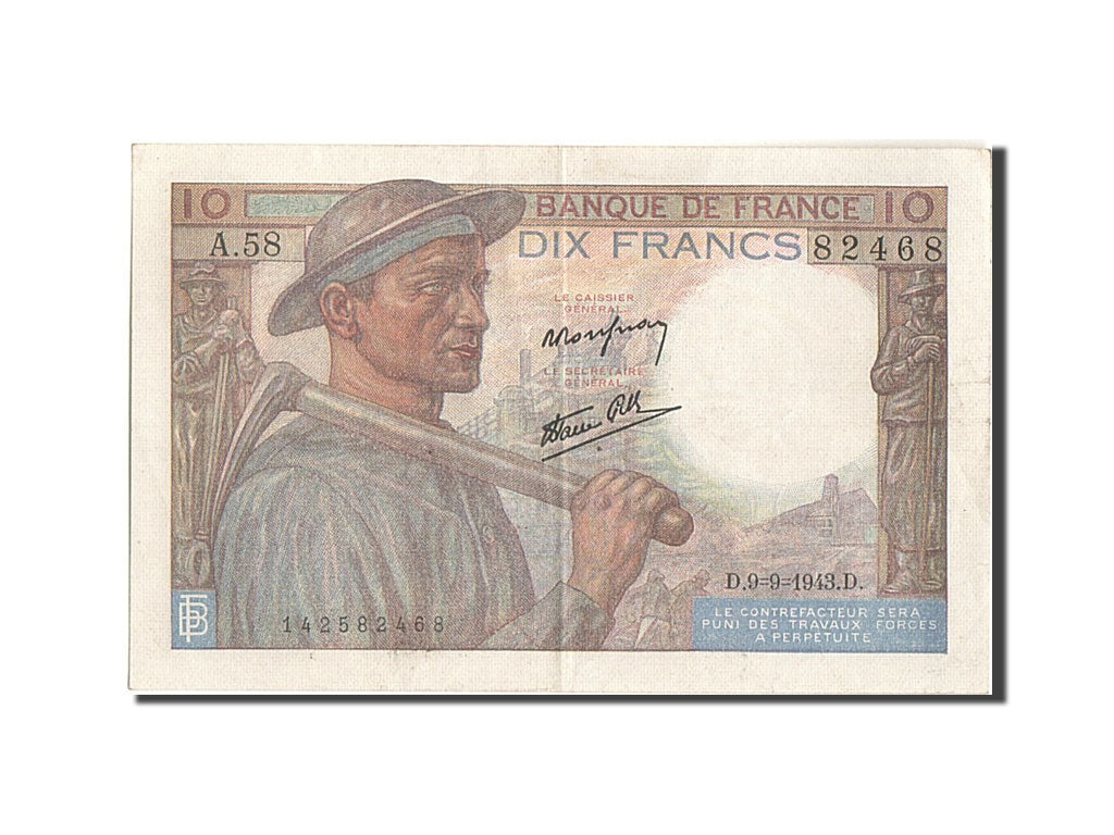 Banconote, Francia, 10 Francs, 10 F 1941-1949 ''Mineur'', 1943, 1943-09-09, BB+