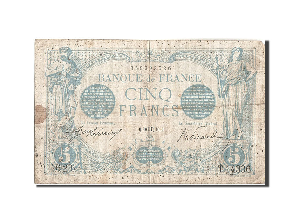 Geldschein, Frankreich, 5 Francs, 5 F 1912-1917 ''Bleu'', 1916, 1916-10-10, S
