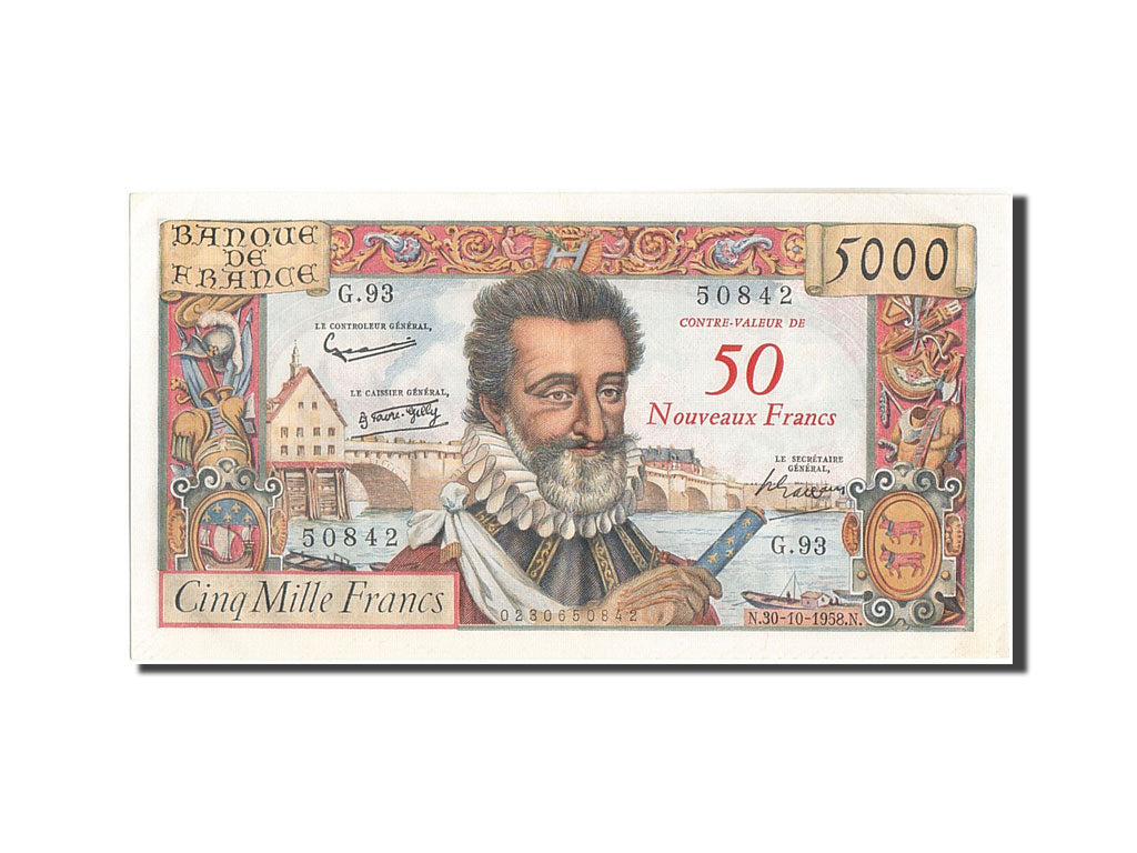 Banknote, France, 50 Nouveaux Francs on 5000 Francs, 5 000 F 1957-1958 ''Henri