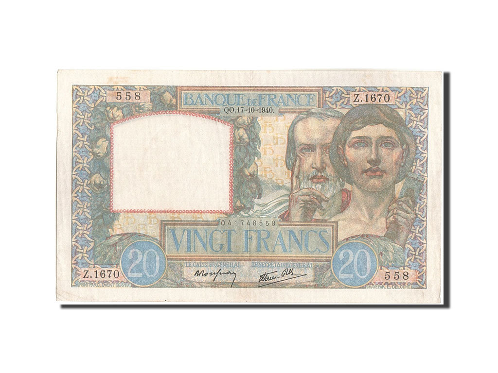 Billete, Francia, 20 Francs, 20 F 1939-1942 ''Science et Travail'', 1940