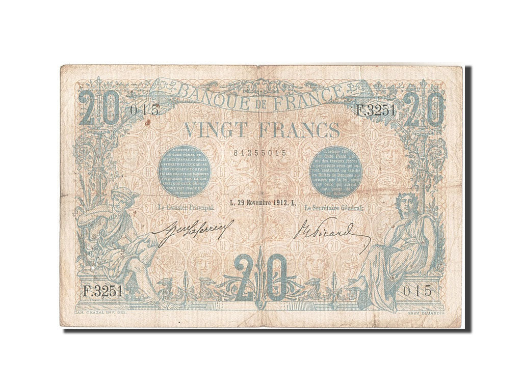 Banknote, France, 20 Francs, 20 F 1905-1913 ''Bleu'', 1912, 1912-11-29