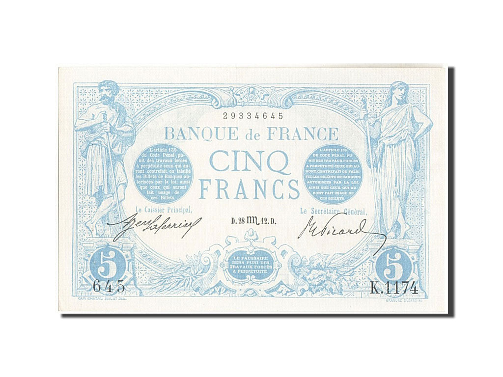 Geldschein, Frankreich, 5 Francs, 5 F 1912-1917 ''Bleu'', 1912, 1912-10-28