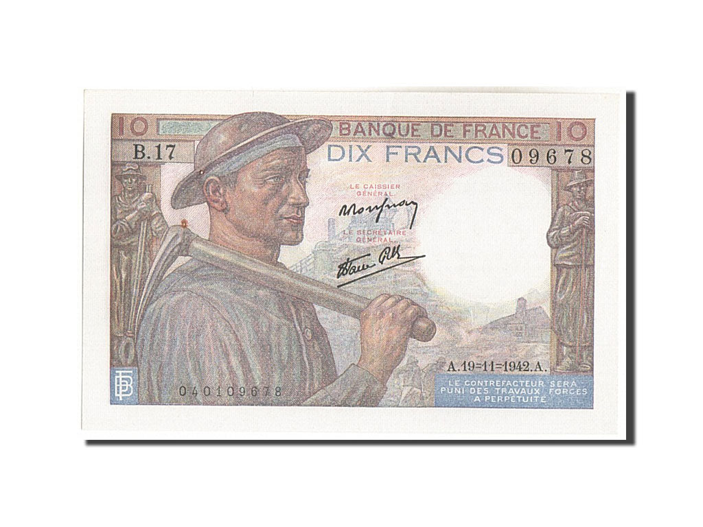 Biljet, Frankrijk, 10 Francs, 10 F 1941-1949 ''Mineur'', 1942, 1942-11-19, SPL