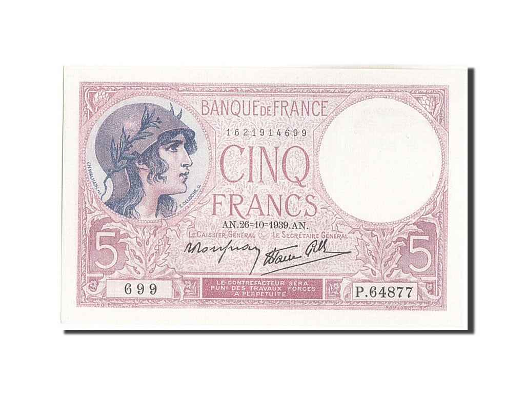 Banknote, France, 5 Francs, 5 F 1917-1940 ''Violet'', 1939, 1939-10-26, UNC(63)