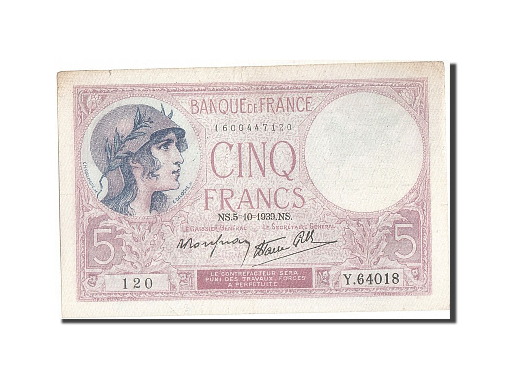 Banknote, France, 5 Francs, 5 F 1917-1940 ''Violet'', 1939, 1939-10-05