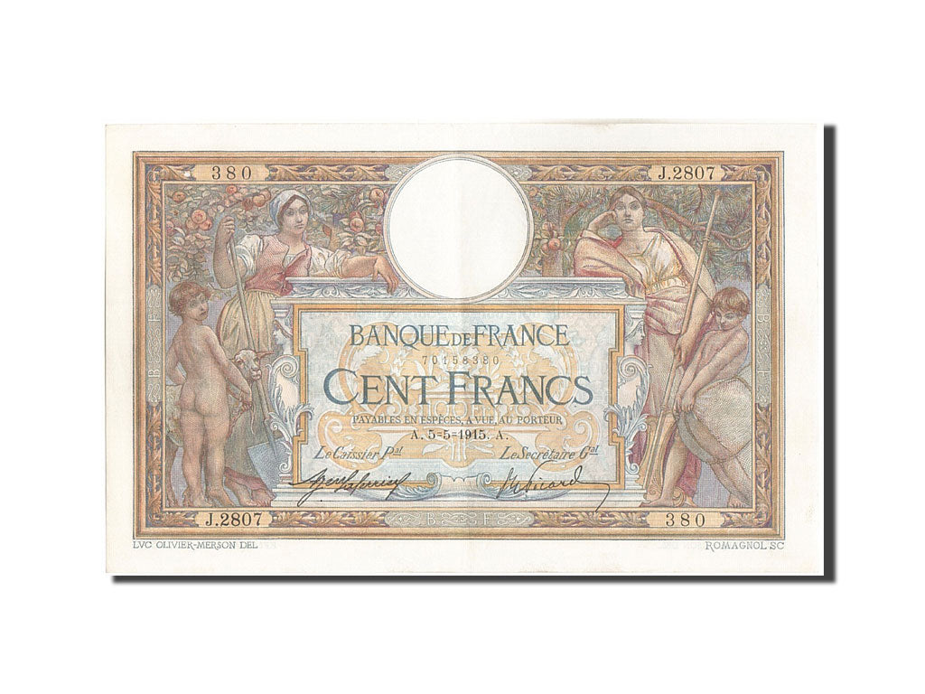 Banknote, France, 100 Francs, 100 F 1908-1939 ''Luc Olivier Merson'', 1915