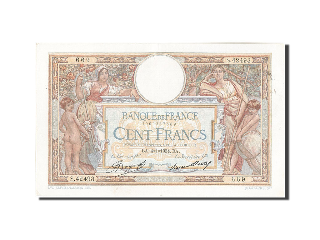 Banknote, France, 100 Francs, 100 F 1908-1939 ''Luc Olivier Merson'', 1934