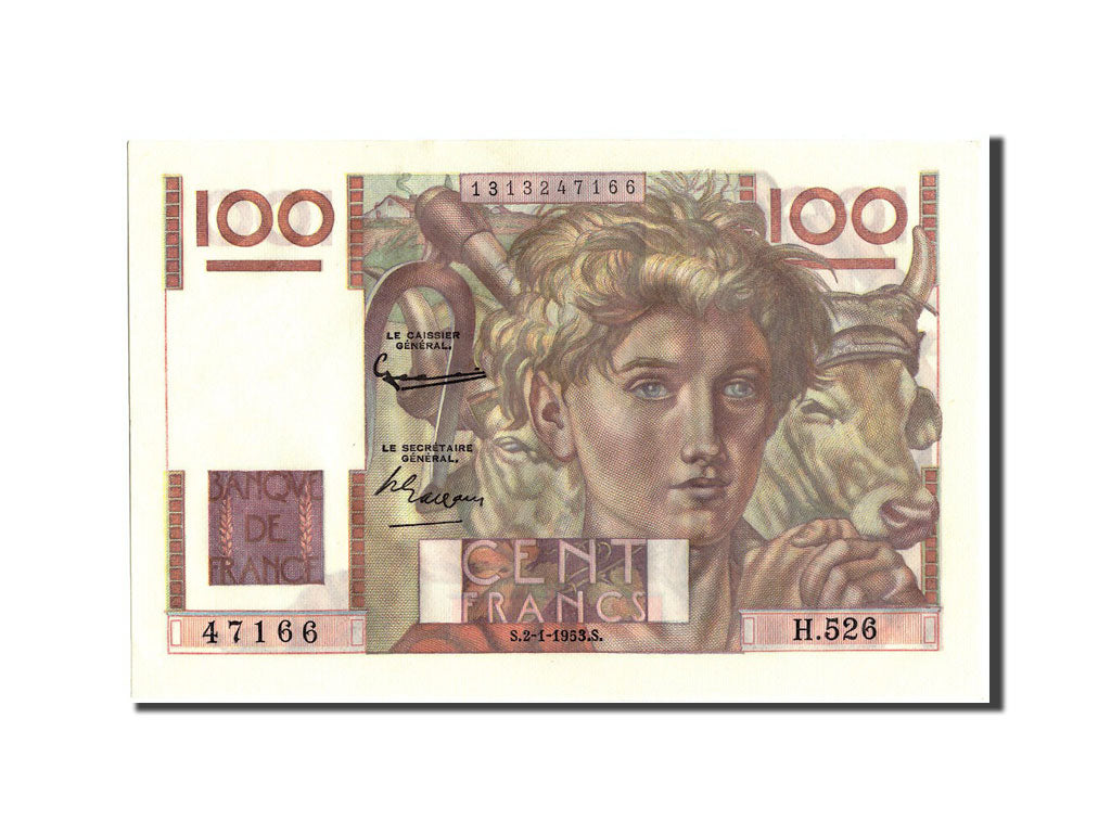 Billete, Francia, 100 Francs, 100 F 1945-1954 ''Jeune Paysan'', 1953