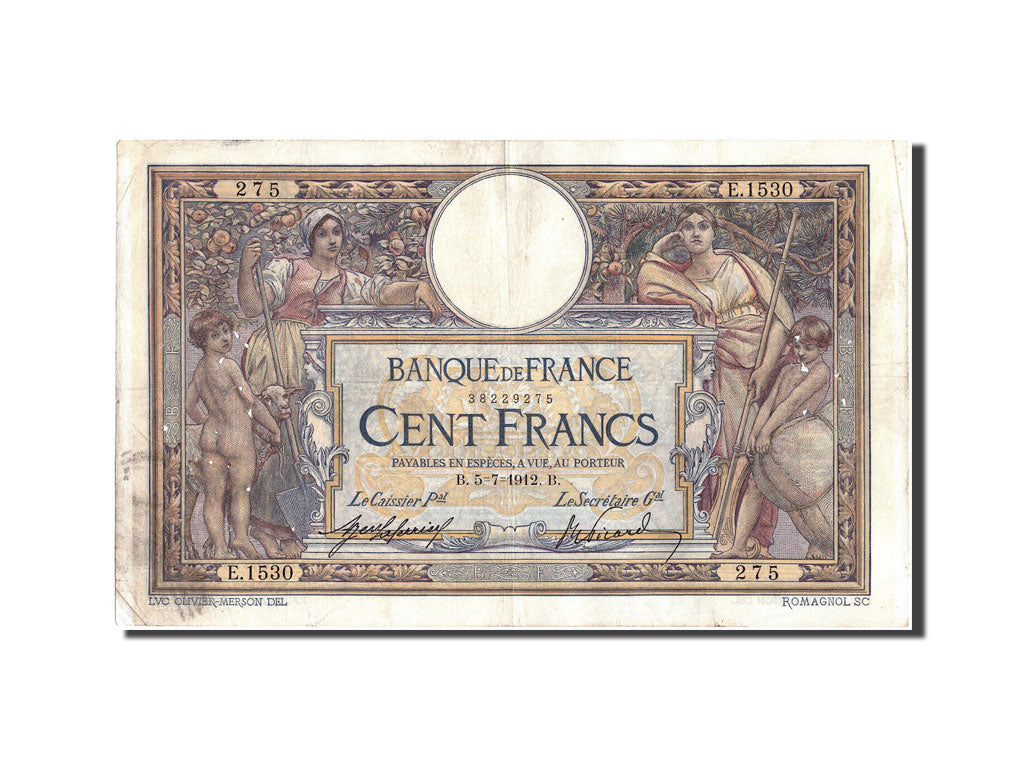 Banknote, France, 100 Francs, 100 F 1908-1939 ''Luc Olivier Merson'', 1912
