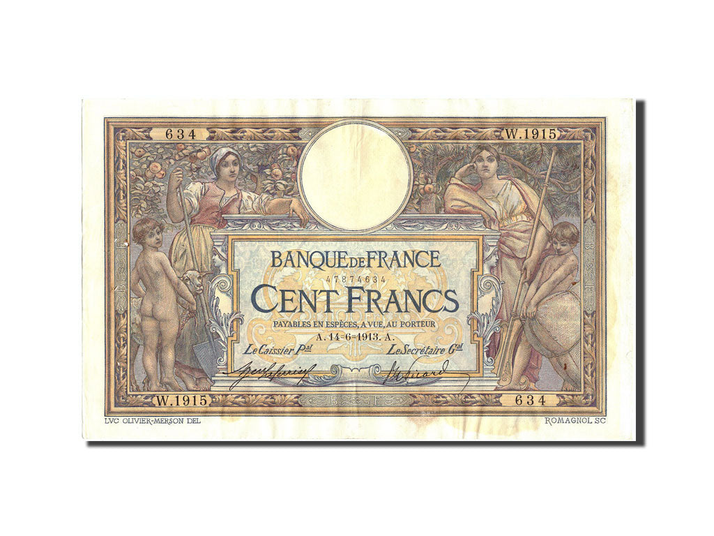 Banknote, France, 100 Francs, 100 F 1908-1939 ''Luc Olivier Merson'', 1913