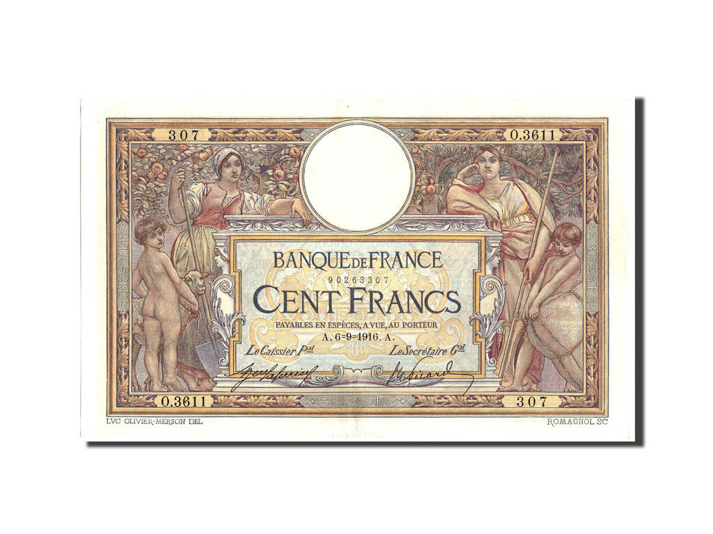 Banknote, France, 100 Francs, 100 F 1908-1939 ''Luc Olivier Merson'', 1916