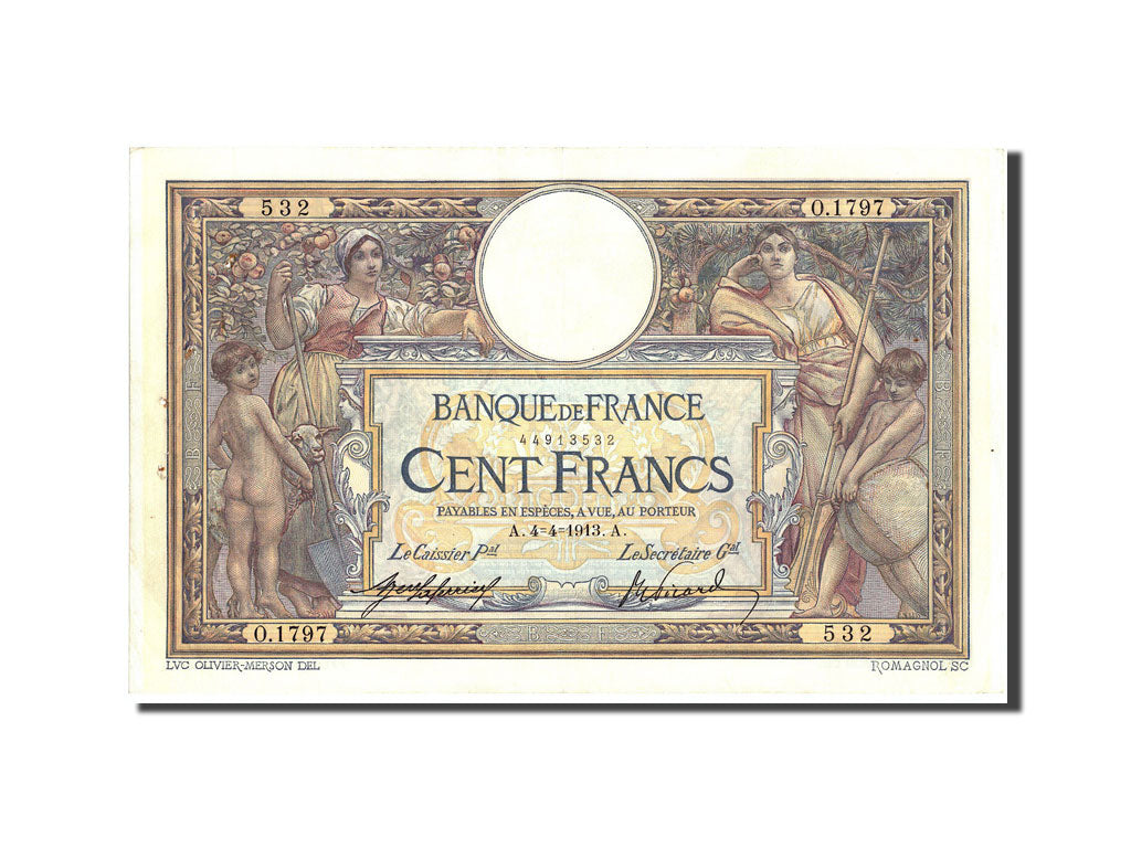 Banknote, France, 100 Francs, 100 F 1908-1939 ''Luc Olivier Merson'', 1913