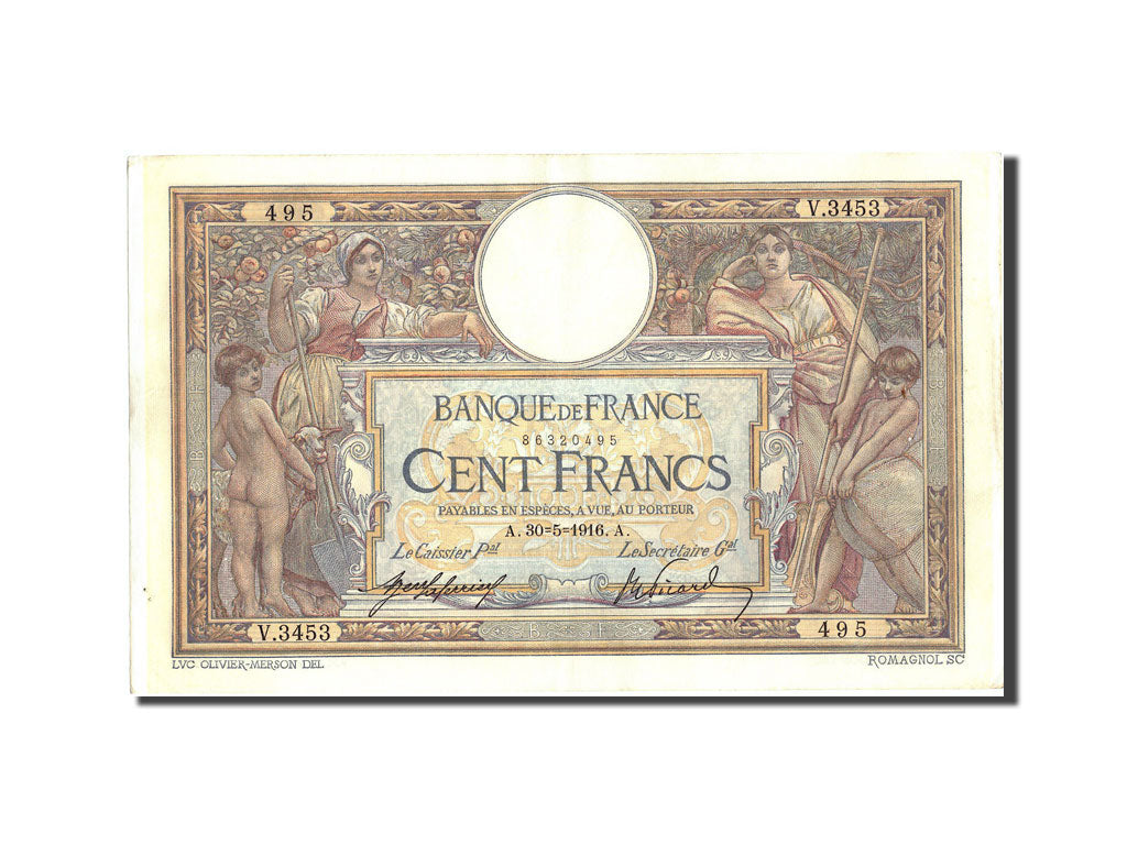 Banknote, France, 100 Francs, 100 F 1908-1939 ''Luc Olivier Merson'', 1916