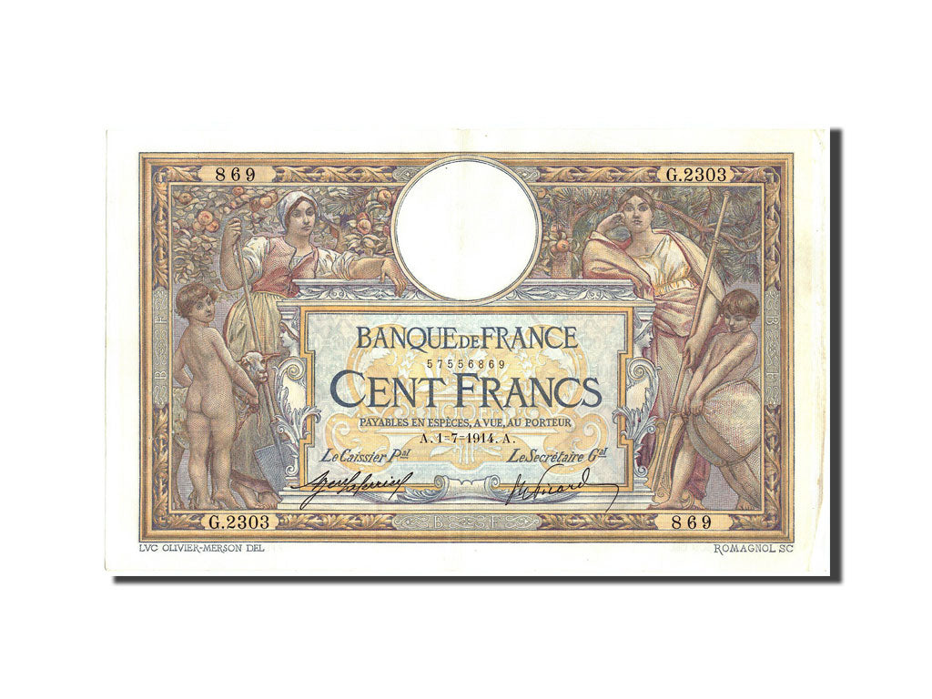 Banknote, France, 100 Francs, 100 F 1908-1939 ''Luc Olivier Merson'', 1914