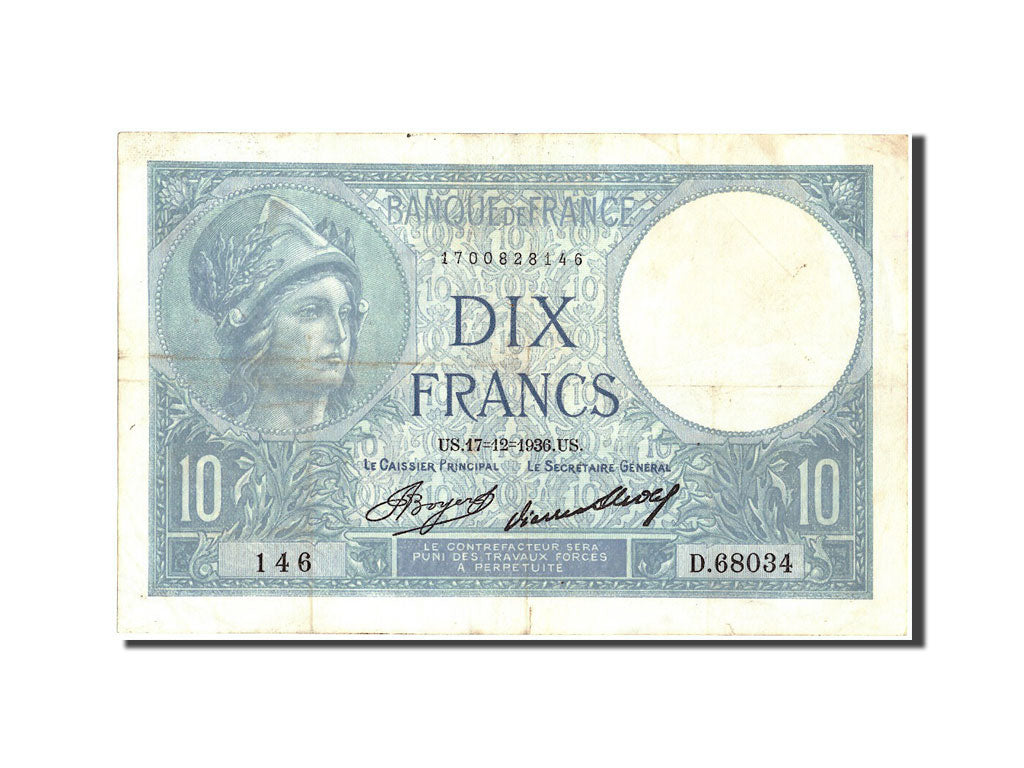 Banconote, Francia, 10 Francs, 10 F 1916-1942 ''Minerve'', 1936, 1936-12-17