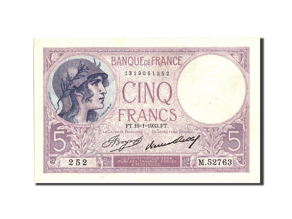 Billete, Francia, 5 Francs, 5 F 1917-1940 ''Violet'', 1933, 1933-01-19, SC+