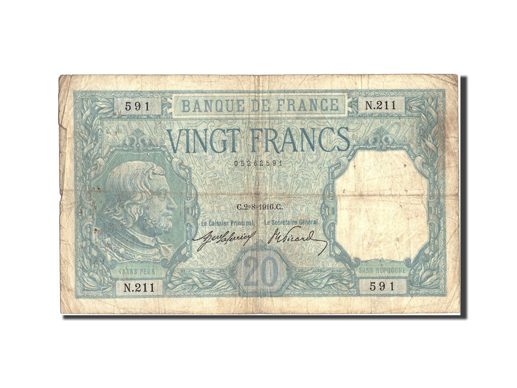 Banknote, France, 20 Francs, 20 F 1916-1919 ''Bayard'', 1916, 1916-08-02
