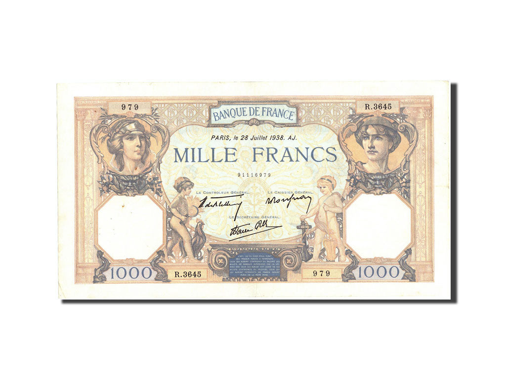Banknot, Francja, 1000 Francs, Cérès et Mercure, 1938, 1938-07-28, AU(50-53)