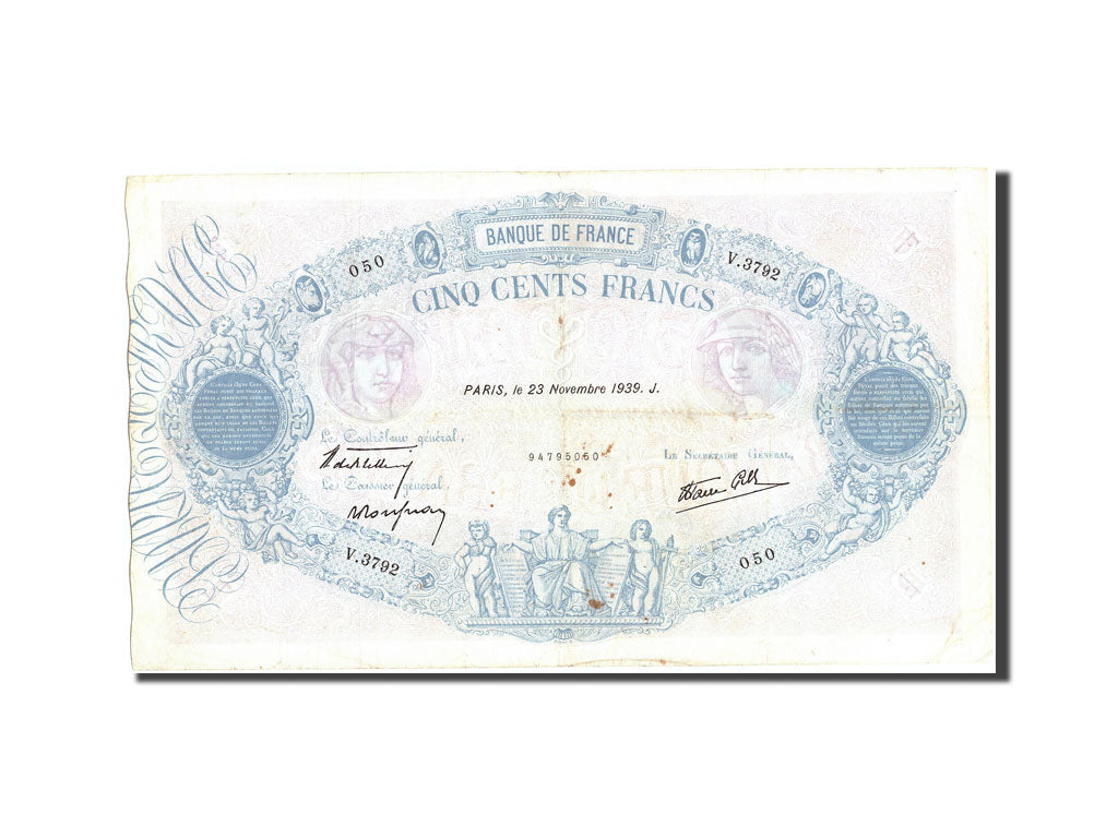 Billete, Francia, 500 Francs, 500 F 1888-1940 ''Bleu et Rose'', 1939