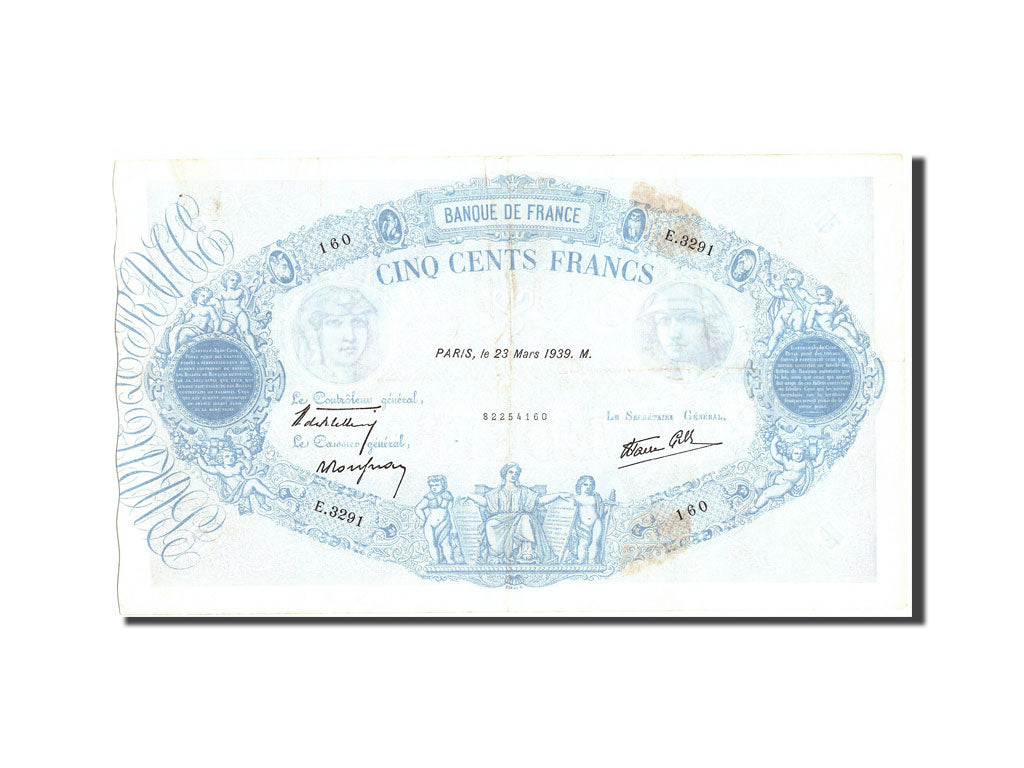 Billete, Francia, 500 Francs, 500 F 1888-1940 ''Bleu et Rose'', 1939