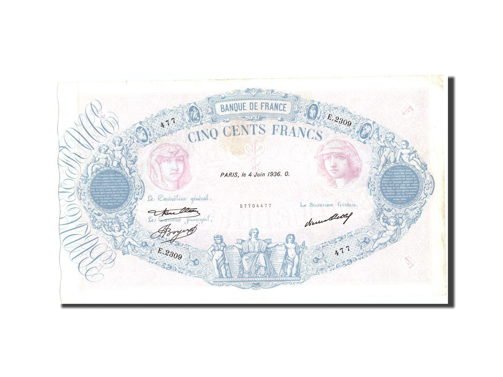 Billete, Francia, 500 Francs, 500 F 1888-1940 ''Bleu et Rose'', 1936