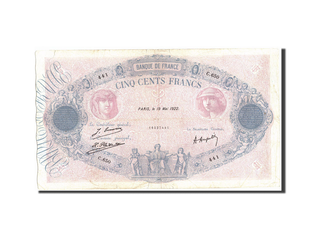 Billete, Francia, 500 Francs, 500 F 1888-1940 ''Bleu et Rose'', 1922