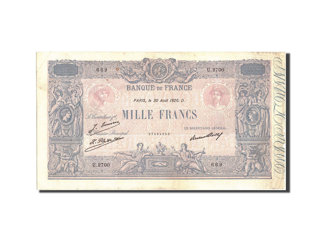 Geldschein, Frankreich, 1000 Francs, 1 000 F 1889-1926 ''Bleu et Rose'', 1926