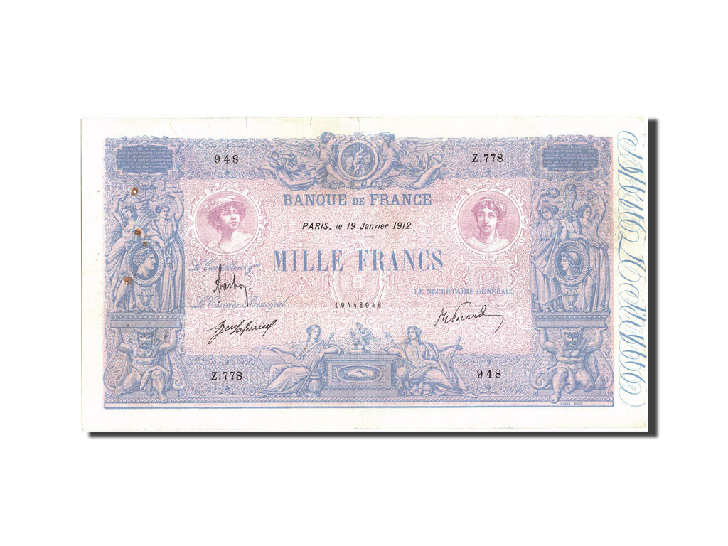 Geldschein, Frankreich, 1000 Francs, 1 000 F 1889-1926 ''Bleu et Rose'', 1912