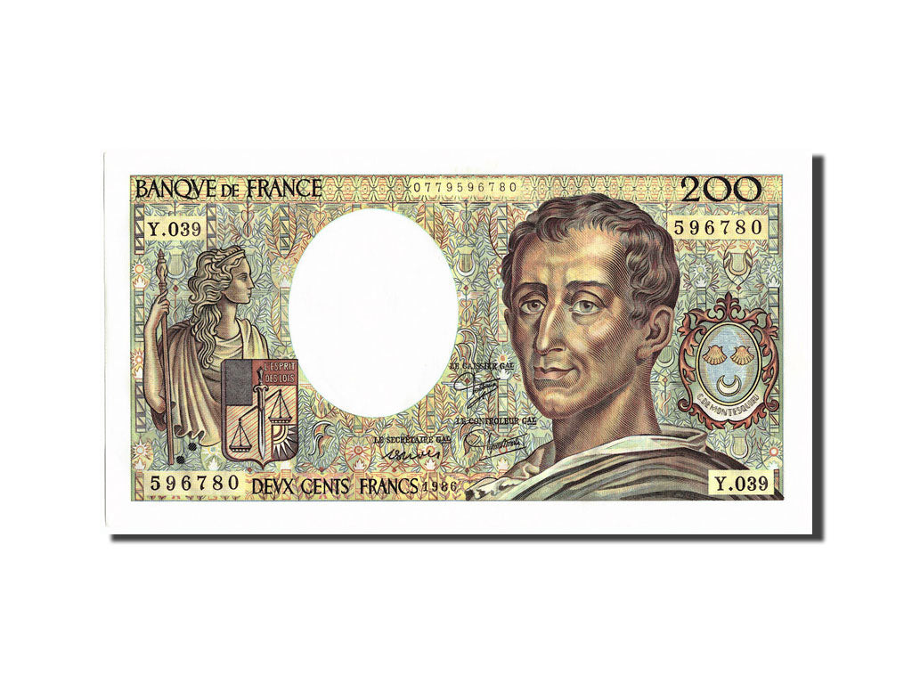 Banknot, Francja, 200 Francs, Montesquieu, 1986, 1986, UNC(60-62), Fayette:70.6